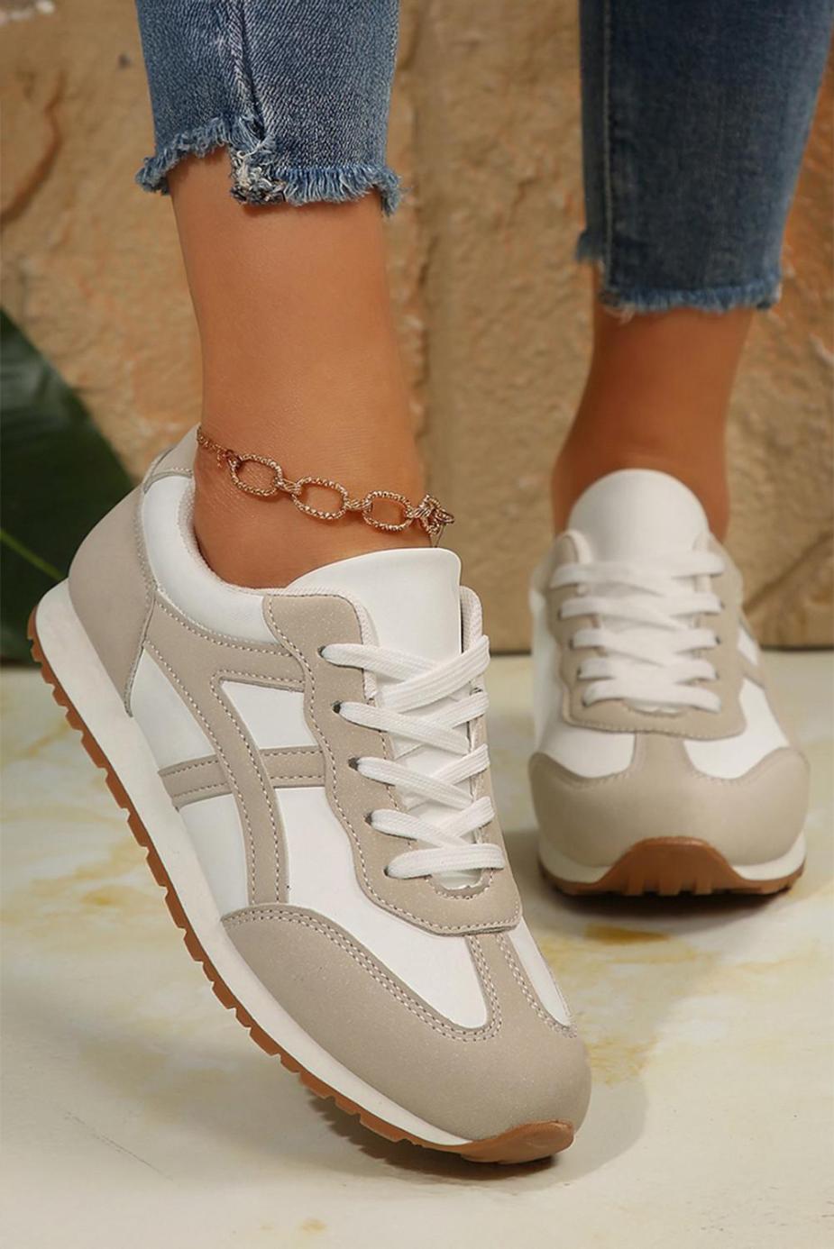 Oatmeal Contrast Lace Up Round Toe Sneakers | Women Sneakers